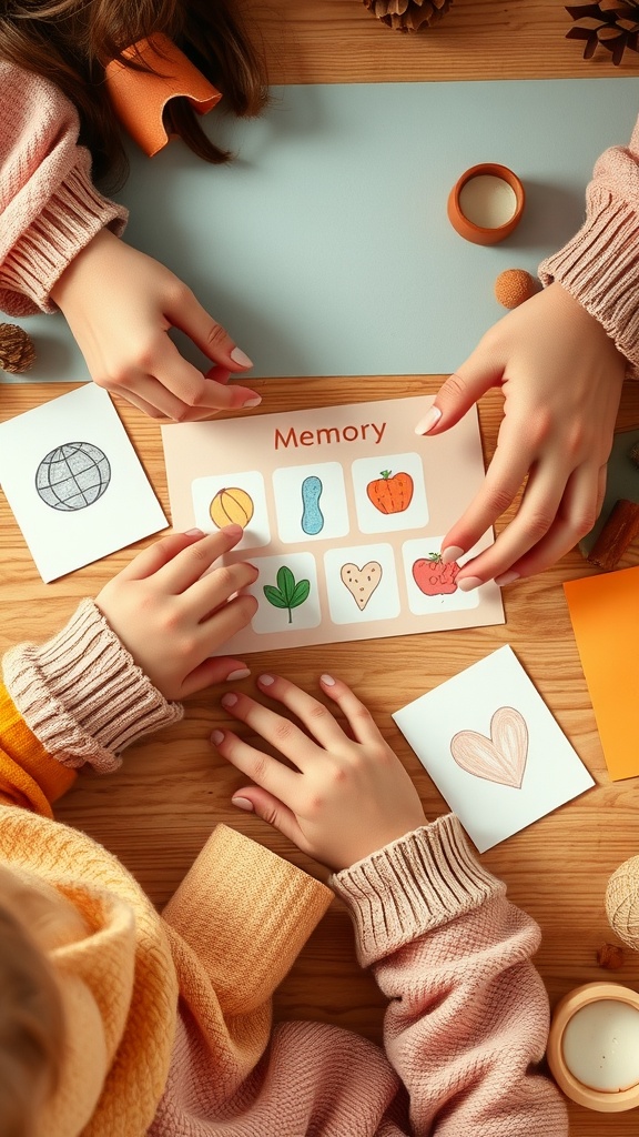 Hands of children playing a DIY memory game with colorful cards and drawings