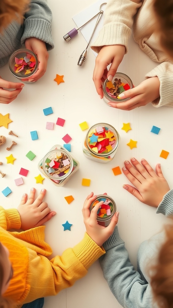 Children creating DIY memory jars with colorful decorations and various craft materials.