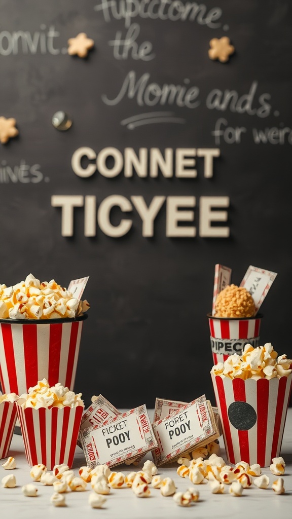 A colorful display of popcorn containers and DIY movie tickets for kids' movie night.