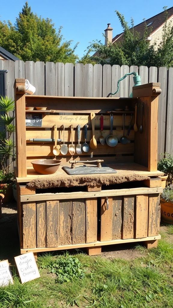 A wooden DIY mud kitchen made from recycled materials with utensils and storage