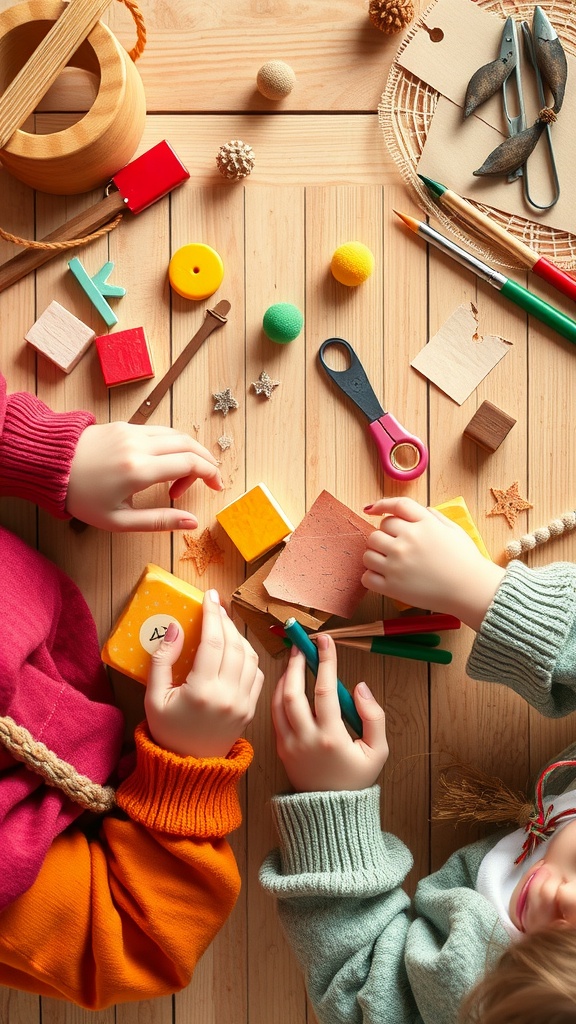 Children engaged in DIY crafts with colorful materials and tools on a wooden table.