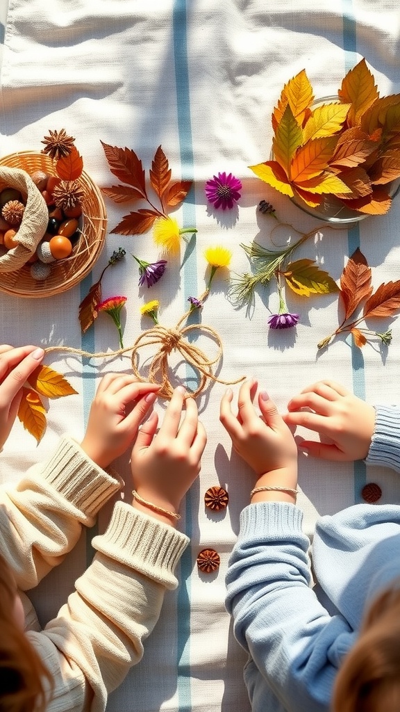 Children's hands creating nature bracelets with leaves and flowers on a picnic blanket.