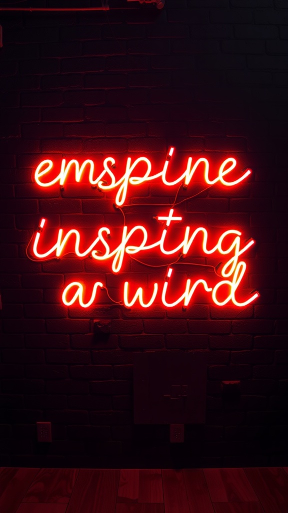 Neon sign with the text 'emspine inspiring a wirid' illuminated in red light on a dark wall.