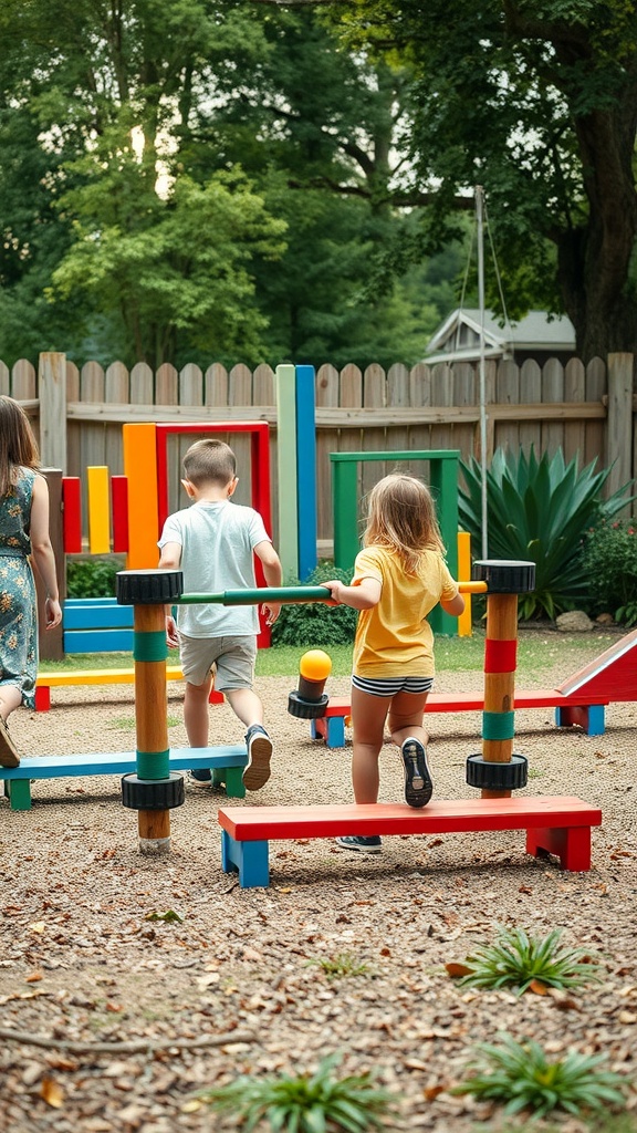Children navigating through a colorful DIY obstacle course in a backyard