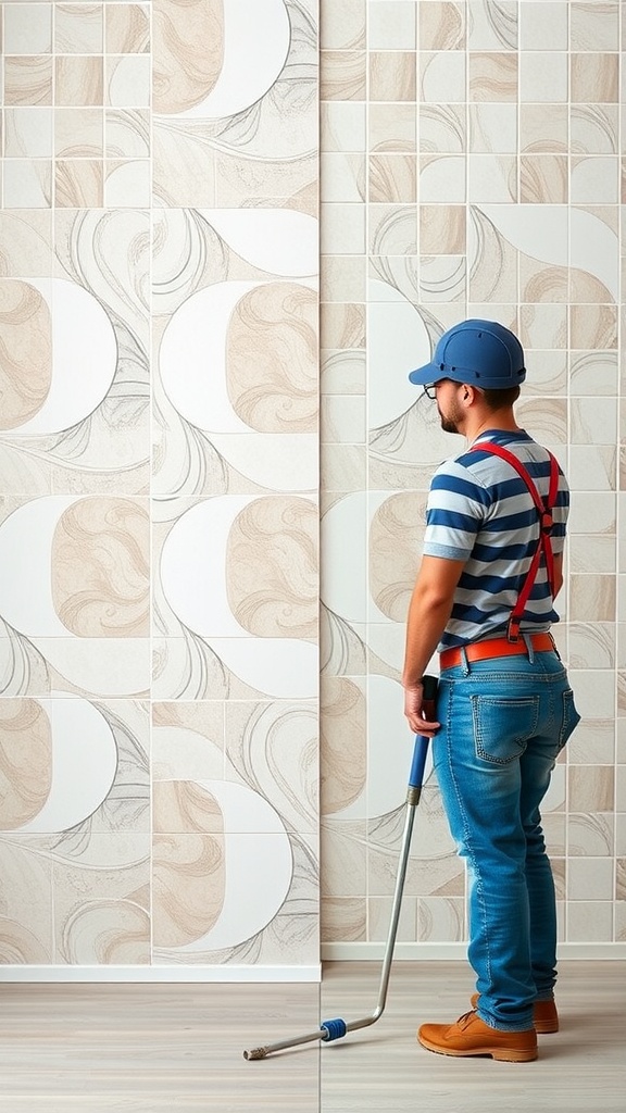 A man looking at stylish peel and stick floor tiles in a bathroom setting.