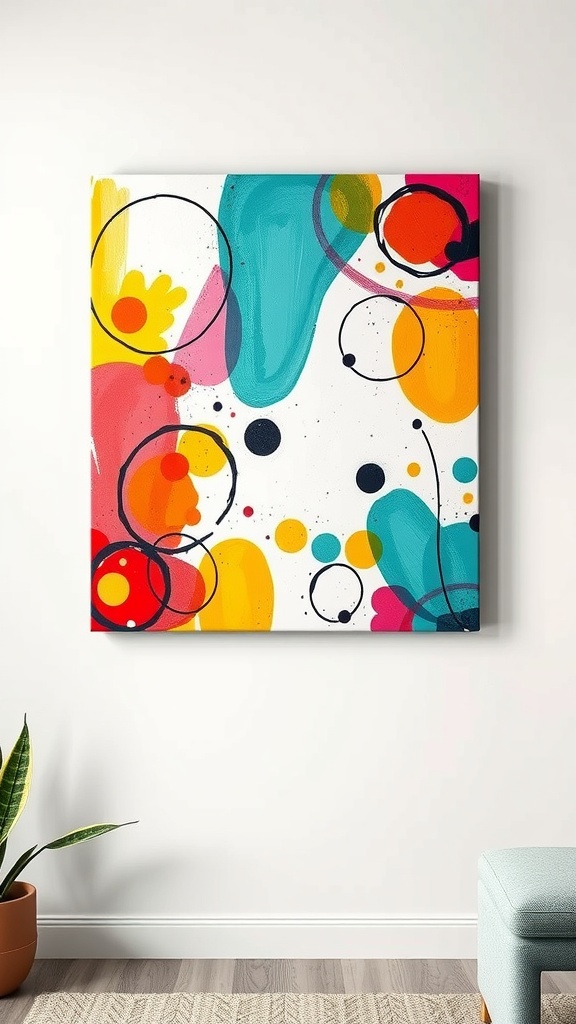 A colorful abstract canvas artwork with circles and splashes of paint on a wall.