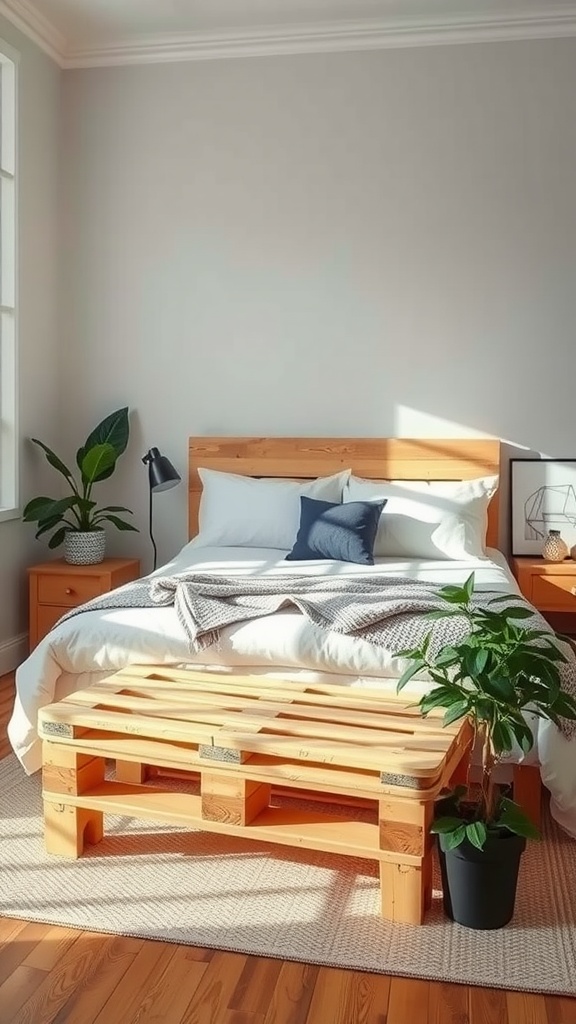 A cozy bedroom featuring a wooden pallet bench at the foot of the bed.