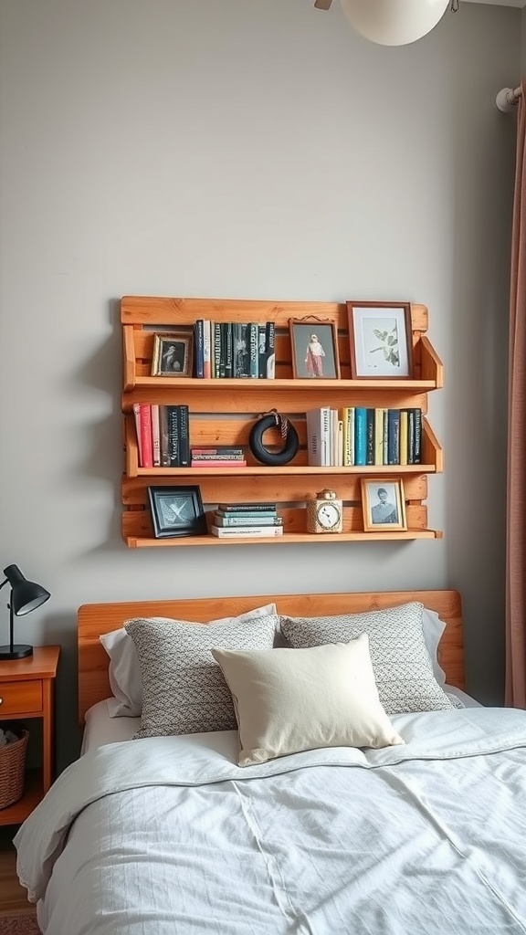 A DIY pallet bookshelf mounted on a wall above a bed, displaying books and decorative items.