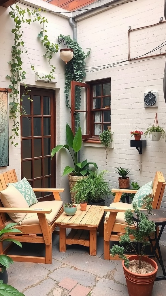 A small courtyard garden featuring DIY pallet furniture with potted plants.