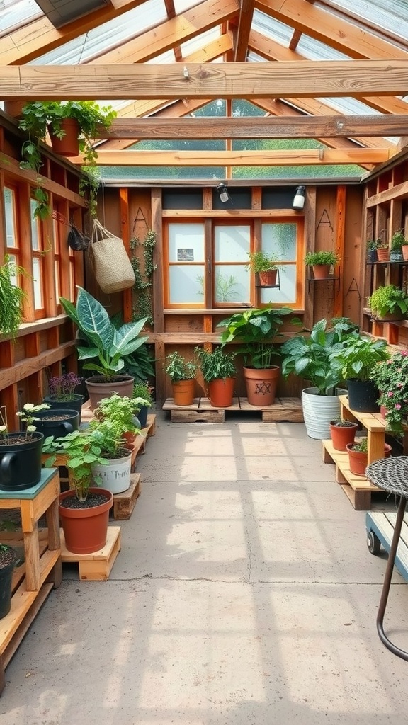 A cozy DIY pallet greenhouse filled with various potted plants and greenery.
