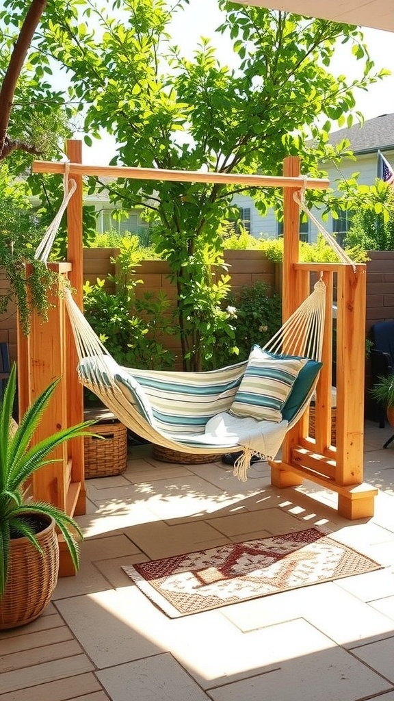 A cozy hammock hanging from a wooden stand surrounded by greenery in a backyard.