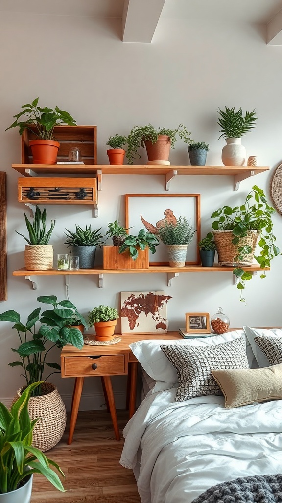 A cozy bedroom with DIY pallet shelves displaying various plants and decorative items.