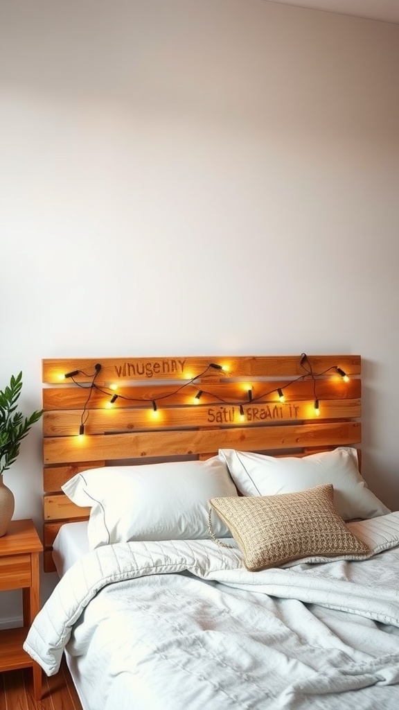 A DIY pallet wood headboard with string lights, adding warmth to a cozy bedroom.
