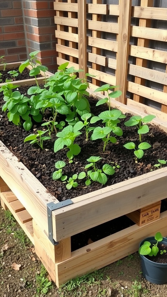 A wooden raised garden bed made from pallets, filled with green plants.