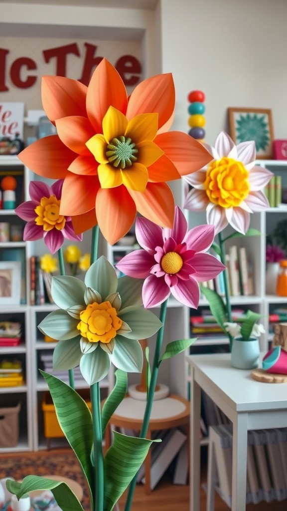 Colorful DIY paper flowers in a bright room setting.