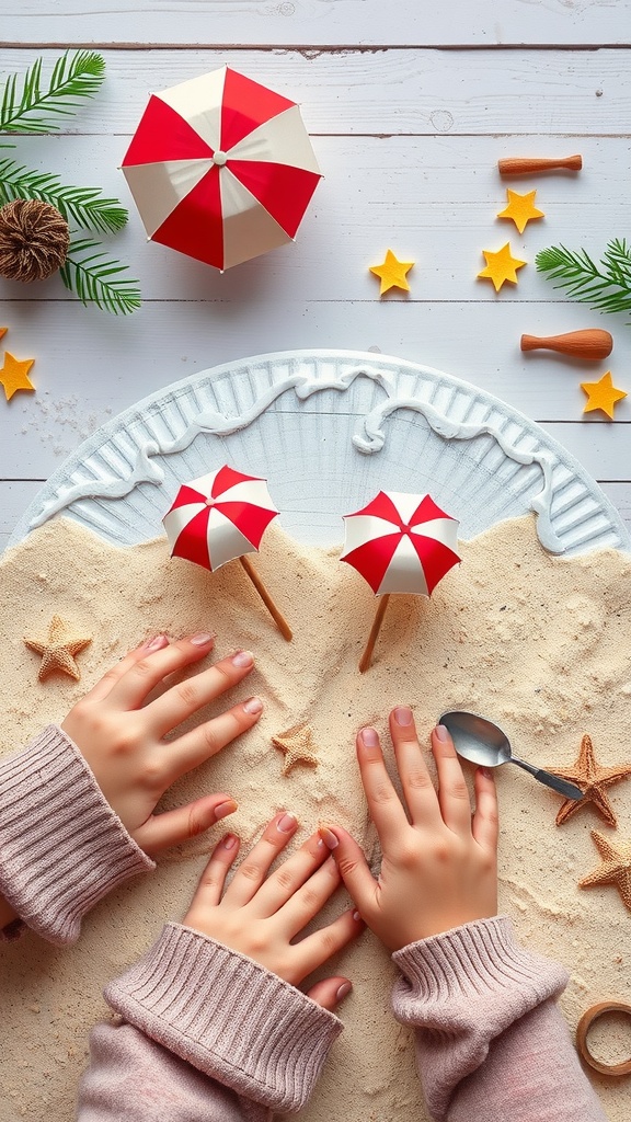A paper plate beach scene with sand, mini umbrellas, star shapes, and two hands crafting.