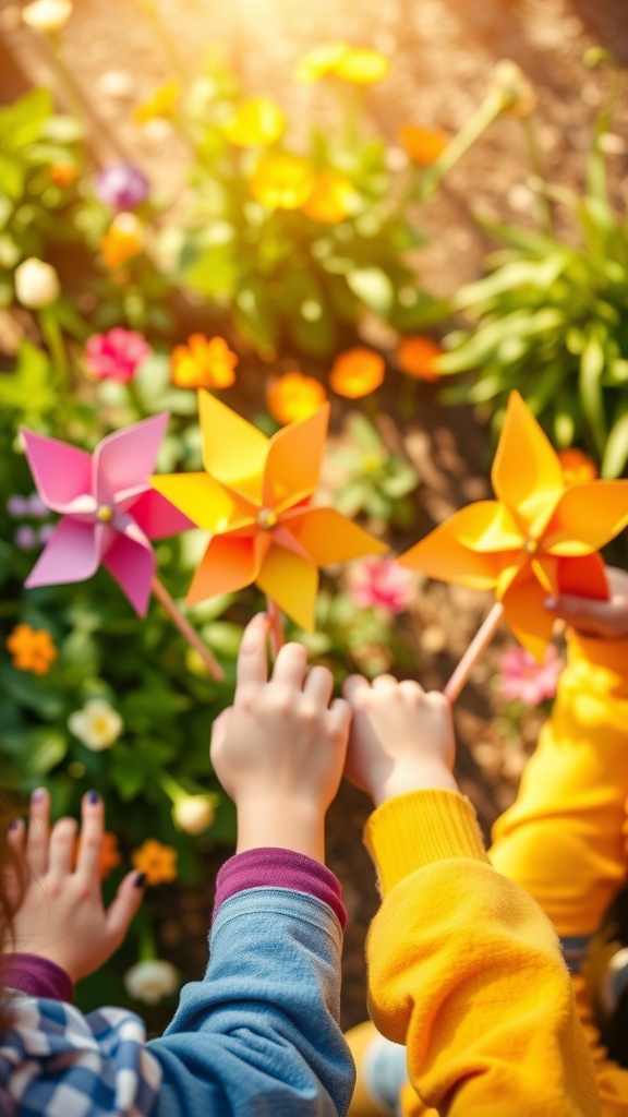 Children holding colorful DIY paper plate pinwheels in a flower garden