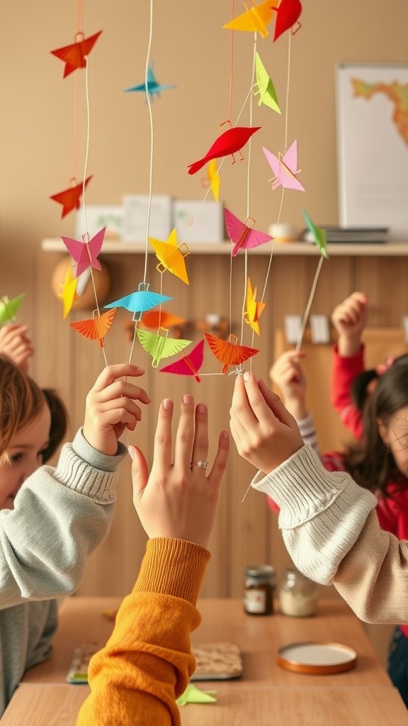 Children holding colorful paper puppets, displaying their crafts and creativity.