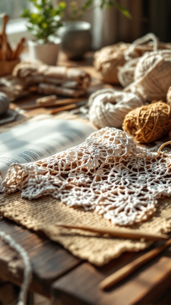 A cozy crochet workspace with yarn and a crocheted lace piece.