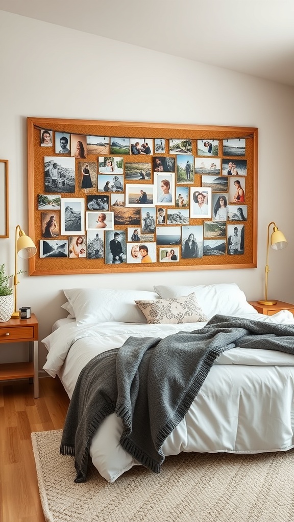 A cozy bedroom featuring a DIY photo collage on the wall, framed in wood, with a neatly made bed and soft blankets.