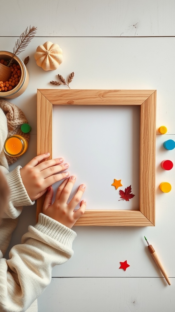 A DIY photo frame project with colorful decorations and toddler's hands
