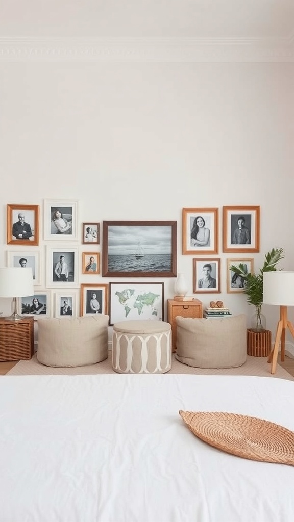 A stylish gallery wall featuring various photo frames with black-and-white images, complemented by cozy seating and decorative elements.