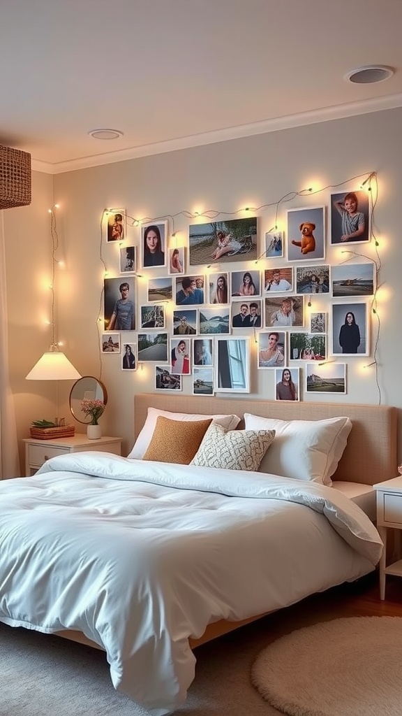 A cozy bedroom with a wall of photos illuminated by string lights, creating a warm atmosphere.