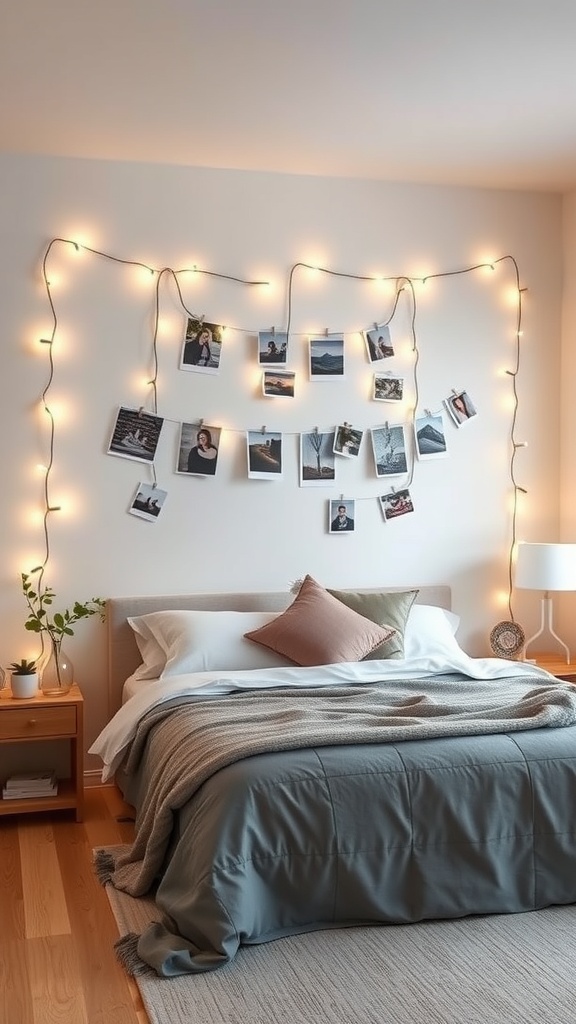 A bedroom with string lights displaying photos on the wall, creating a cozy atmosphere.