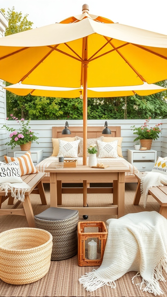 A cozy outdoor picnic setup featuring a low table with a yellow umbrella, surrounded by comfortable seating and decorative accessories.