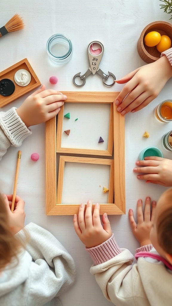 Children's hands decorating DIY picture frames with various colorful materials.