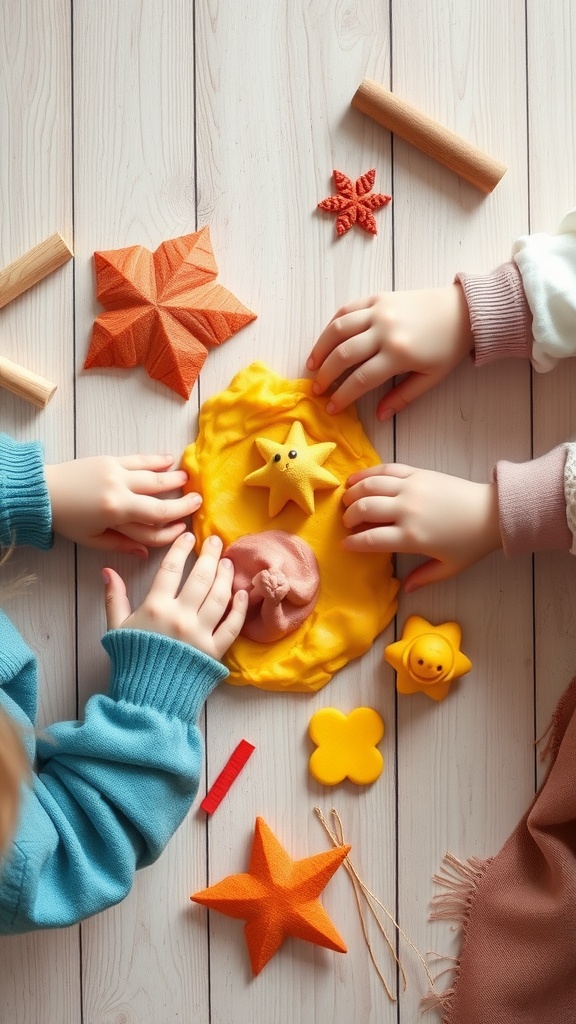 Children's hands working with colorful play dough and various tools to create sculptures.