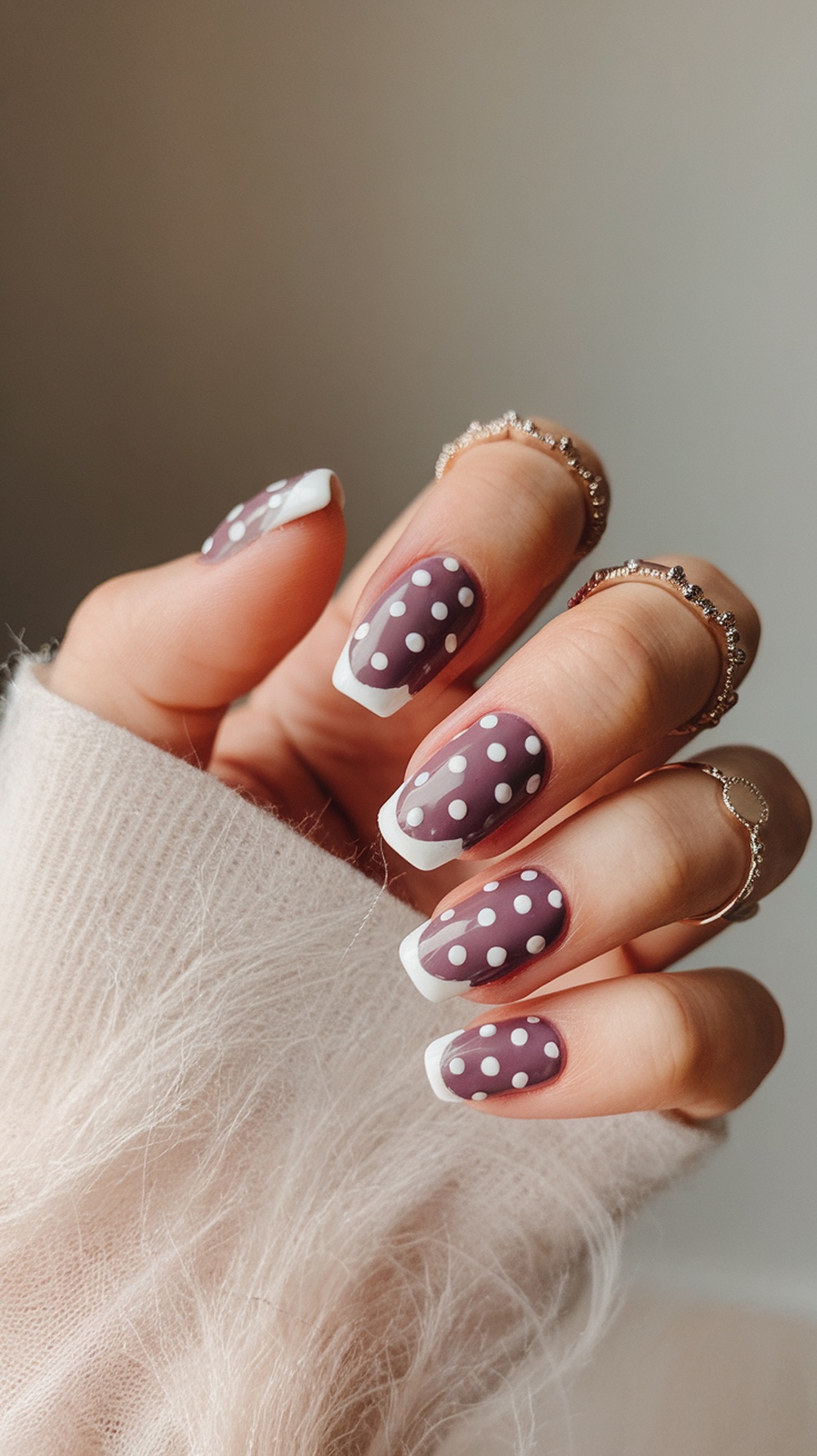 A close-up of hands with plum nails featuring white polka dots and a cozy sweater.
