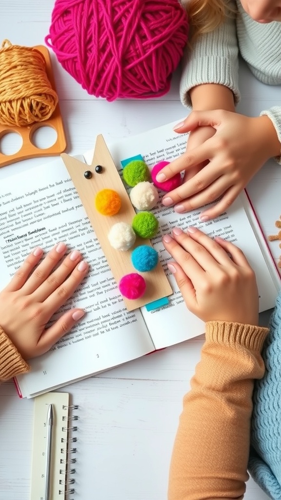 Kids making colorful pom pom bookmarks with yarn and wooden bases