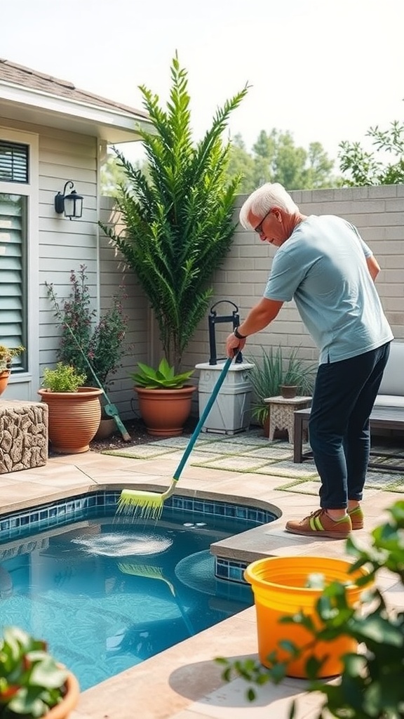 A person cleaning a small backyard pool with a broom, surrounded by plants and patio furniture.