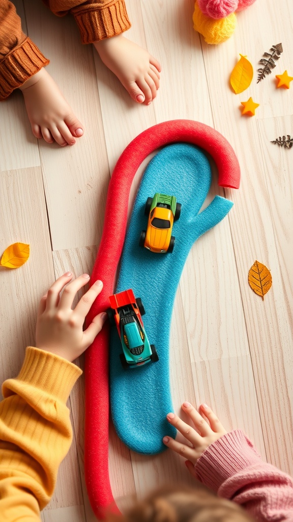 Kids playing with toy cars on a DIY pool noodle race track