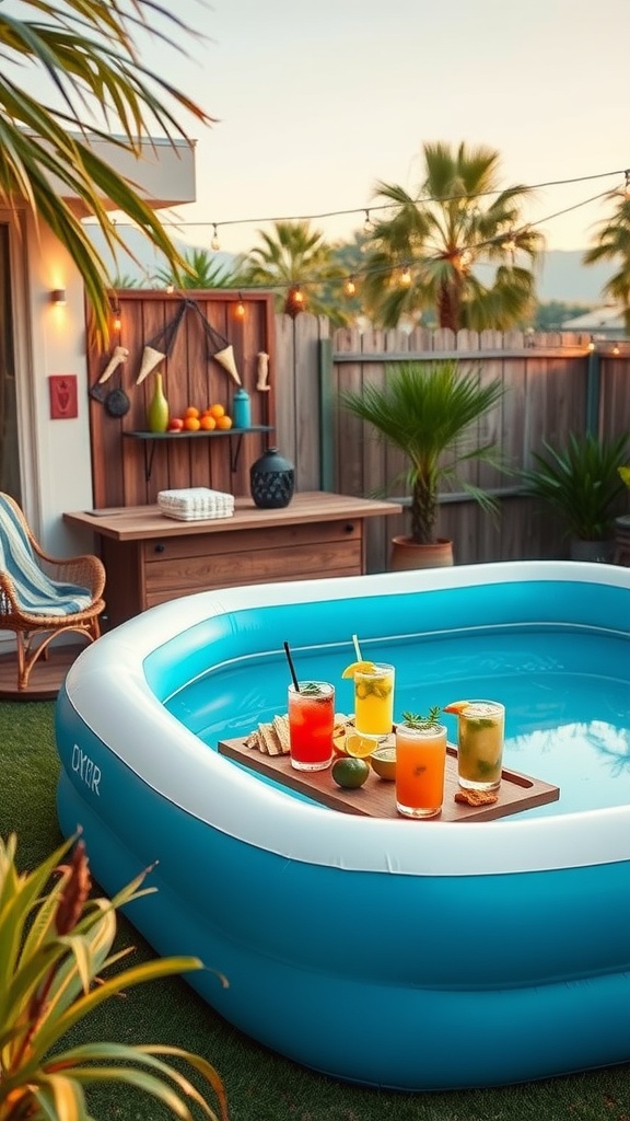 An inflatable pool with colorful cocktails on a tray, alongside a DIY bar setup with fruits and a cozy atmosphere.