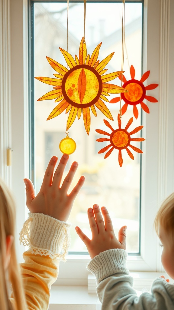 Two children with their hands reaching towards brightly colored sun catchers made of popsicle sticks, hanging in the window.
