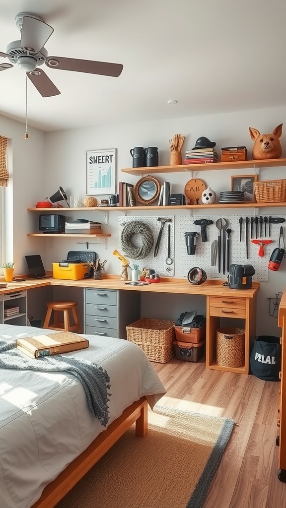 A well-organized DIY project space in a teen boy's bedroom with a desk, shelves, and tools.