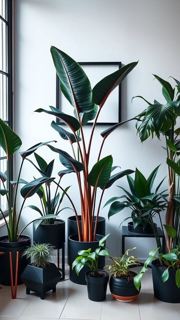 A collection of black house plants in various pots arranged stylishly in a modern interior.