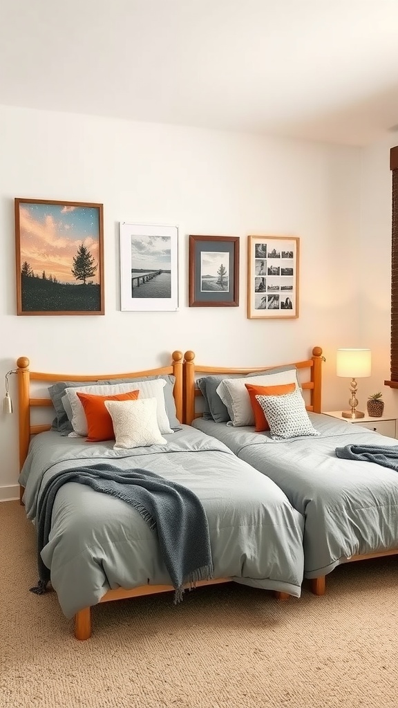 A cozy shared bedroom with two beds, framed art on the wall, and warm lighting.