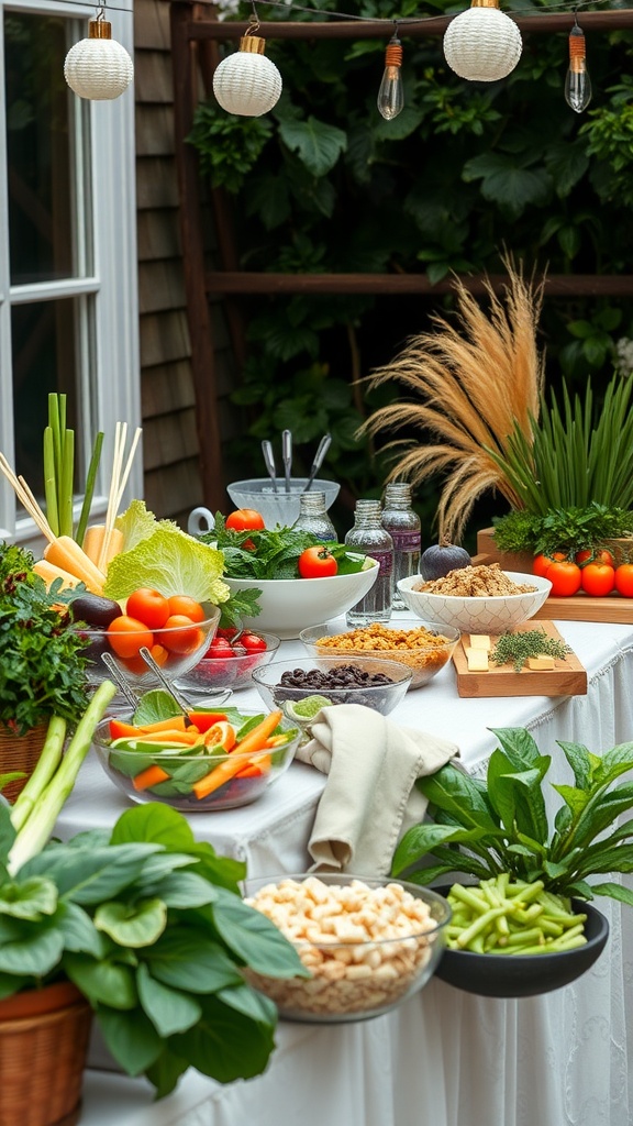 A vibrant DIY salad bar setup with fresh vegetables and toppings for a baby shower.