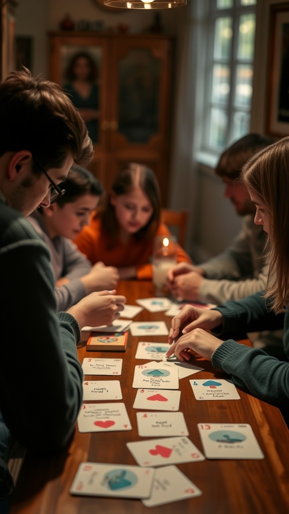 A group of friends gathered around a table, working on DIY scratch cards to reveal a baby's gender.