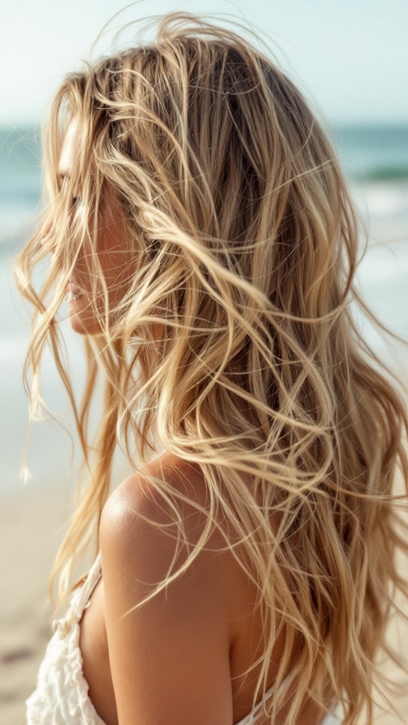 A woman with beach blonde hair, styled with tousled waves, standing near the ocean.