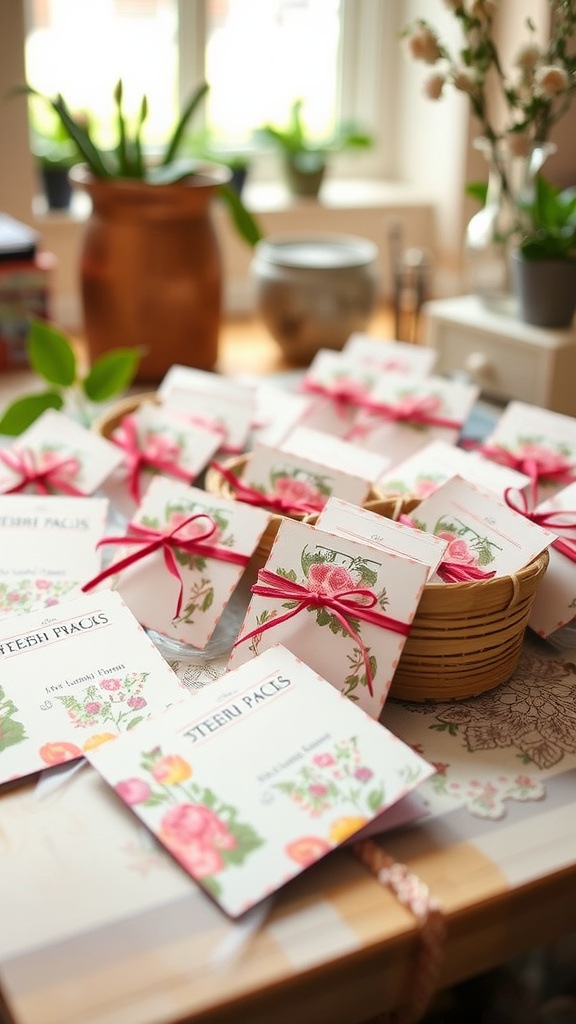 DIY seed packets tied with ribbons on a table with plants in the background.