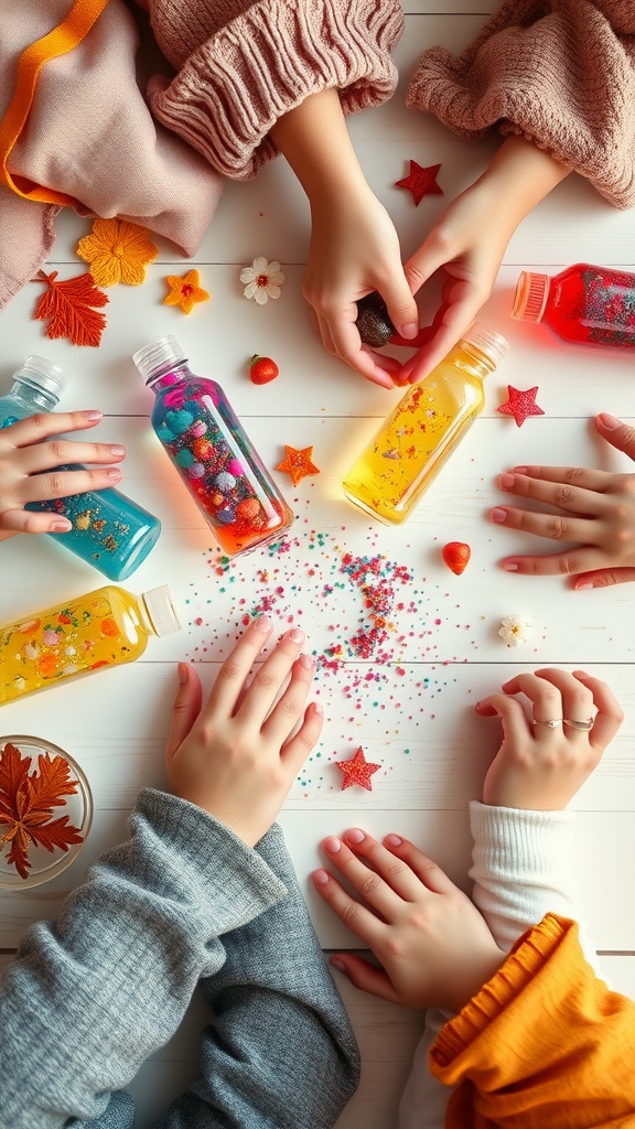 Kids making colorful sensory bottles with various decorations and festive elements.