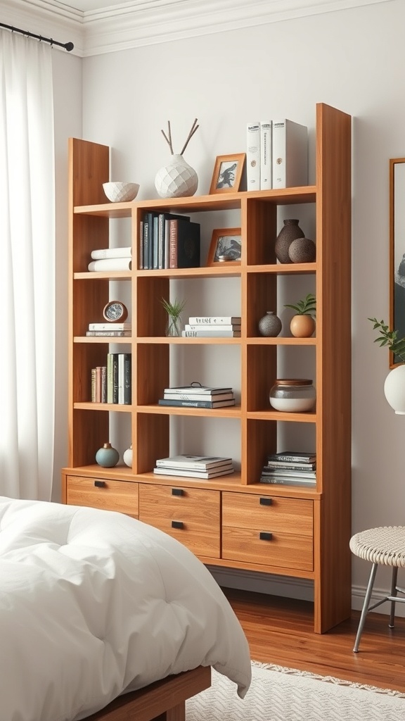 A wooden shelving unit with open shelves and drawers, displaying books and decorative items in a cozy room.