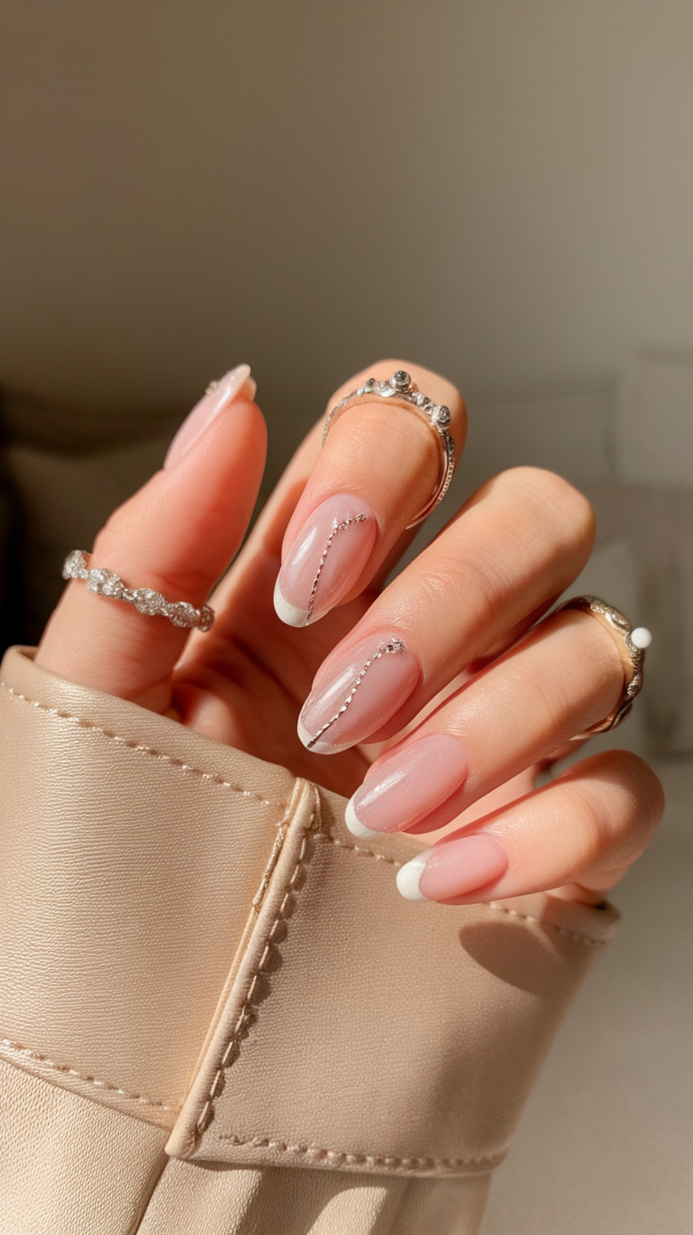 Close-up of soft pink nails with white tips and rings on fingers