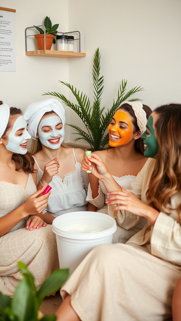 Group of friends enjoying a DIY spa day at home with colorful face masks and laughter.