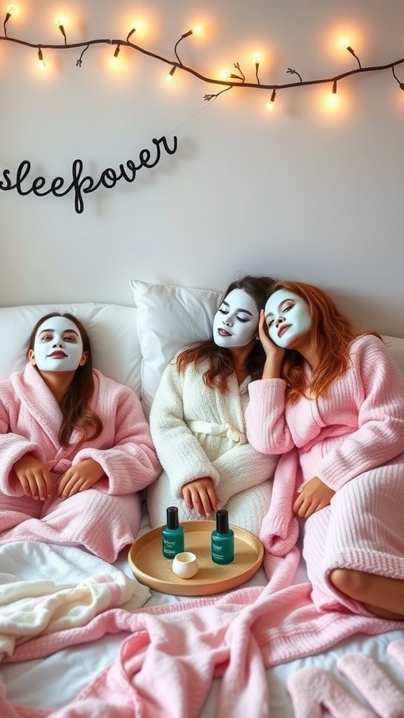 Three friends having a DIY spa night with face masks, cozy robes, and soft lighting.