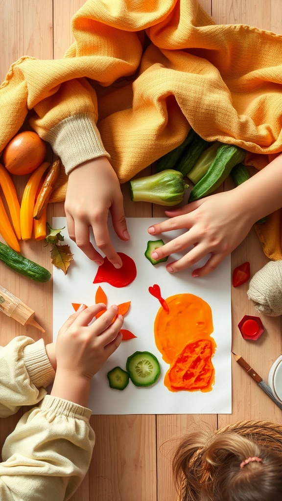 Children using vegetables as stamps to create colorful designs on paper.